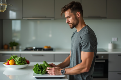 Jeune homme en sport pèse légumes frais dans la cuisine