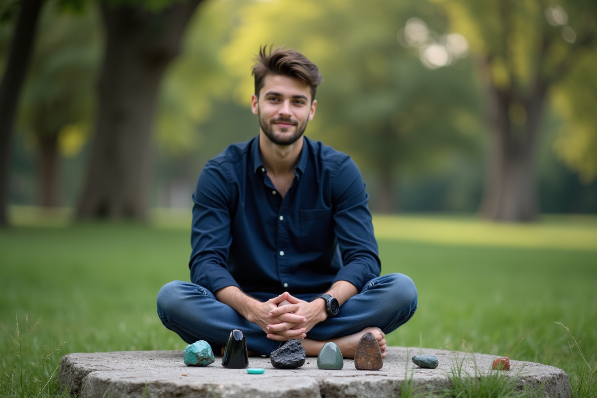 Jeune homme contemplant des pierres protectrices en plein air