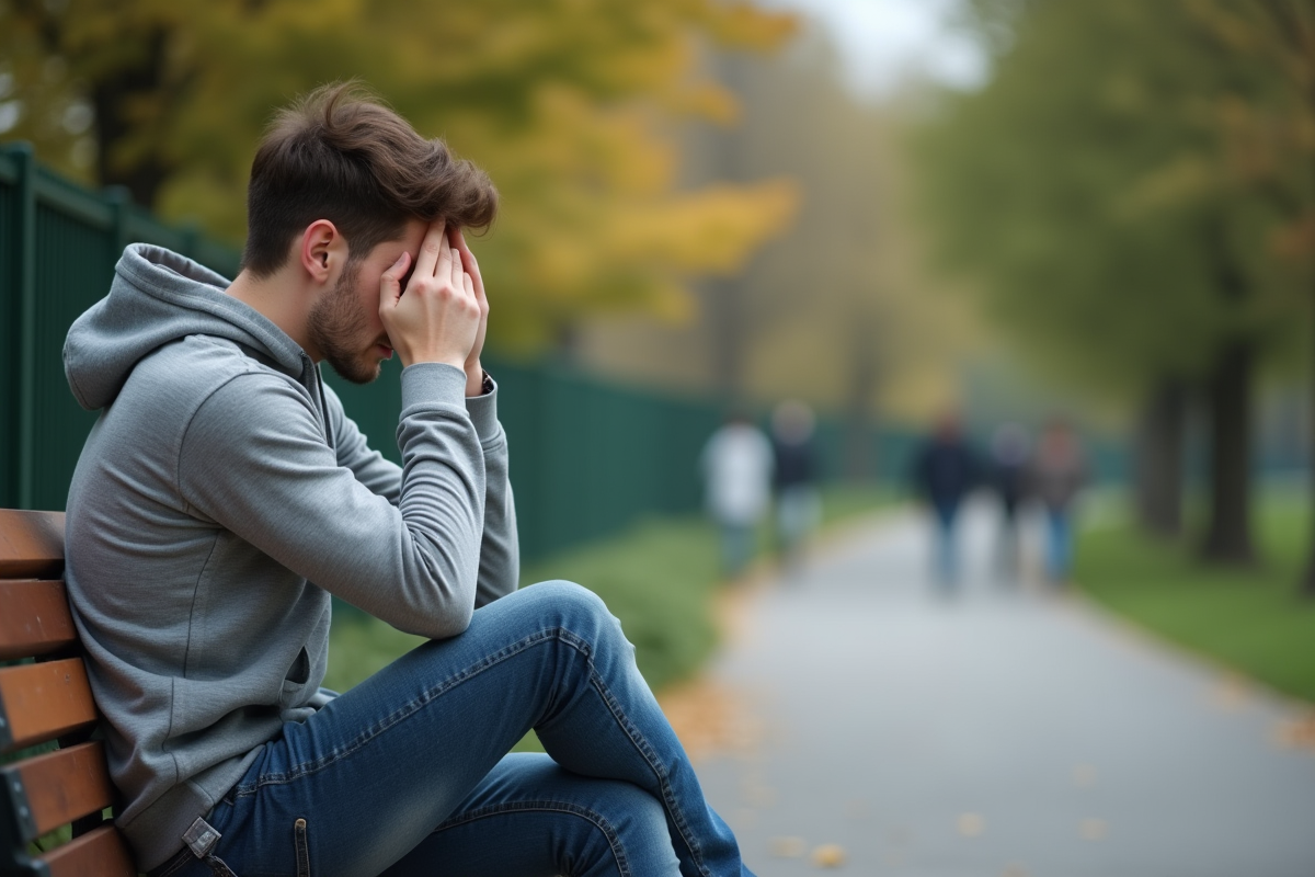 Jeune homme stressé sur un banc de parc