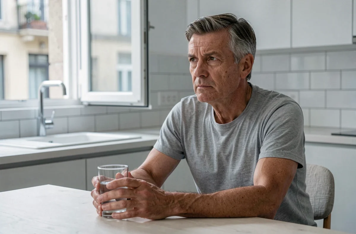 Homme tenant un verre d'eau dans une cuisine minimaliste, illustrant le jeûne hydrique et les limites du corps humain sans nourriture