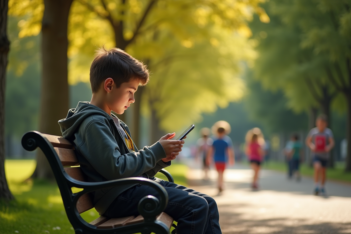 Jeune garçon seul sur un banc dans un parc avec son smartphone