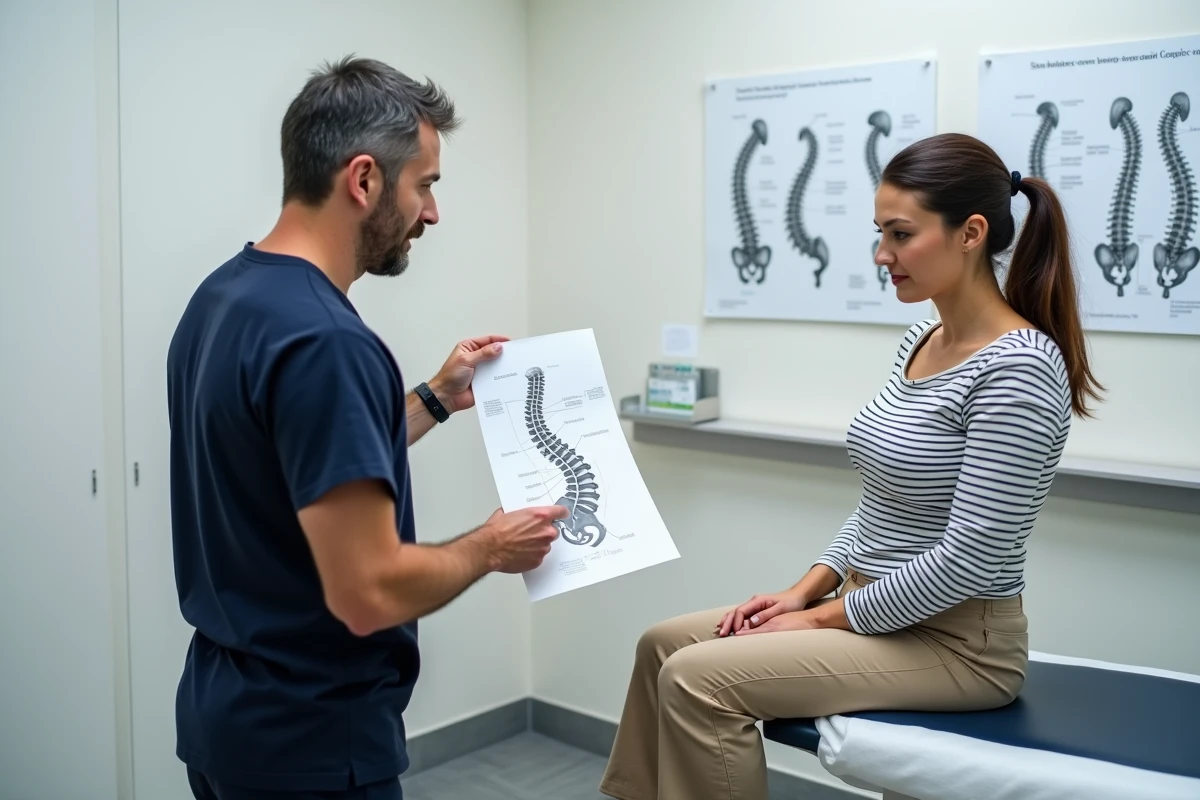 Kinésithérapeute expliquant à une patiente les erreurs à éviter pour favoriser la guérison d'un coccyx cassé