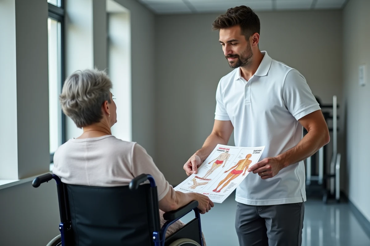 Kinésithérapeute expliquant les signes d'alerte des escarres fessiers à une patiente en fauteuil roulant