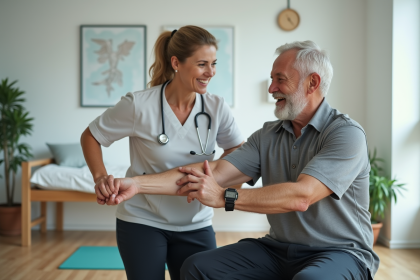 Femme kinésithérapeute aidant un senior lors d'exercices doux
