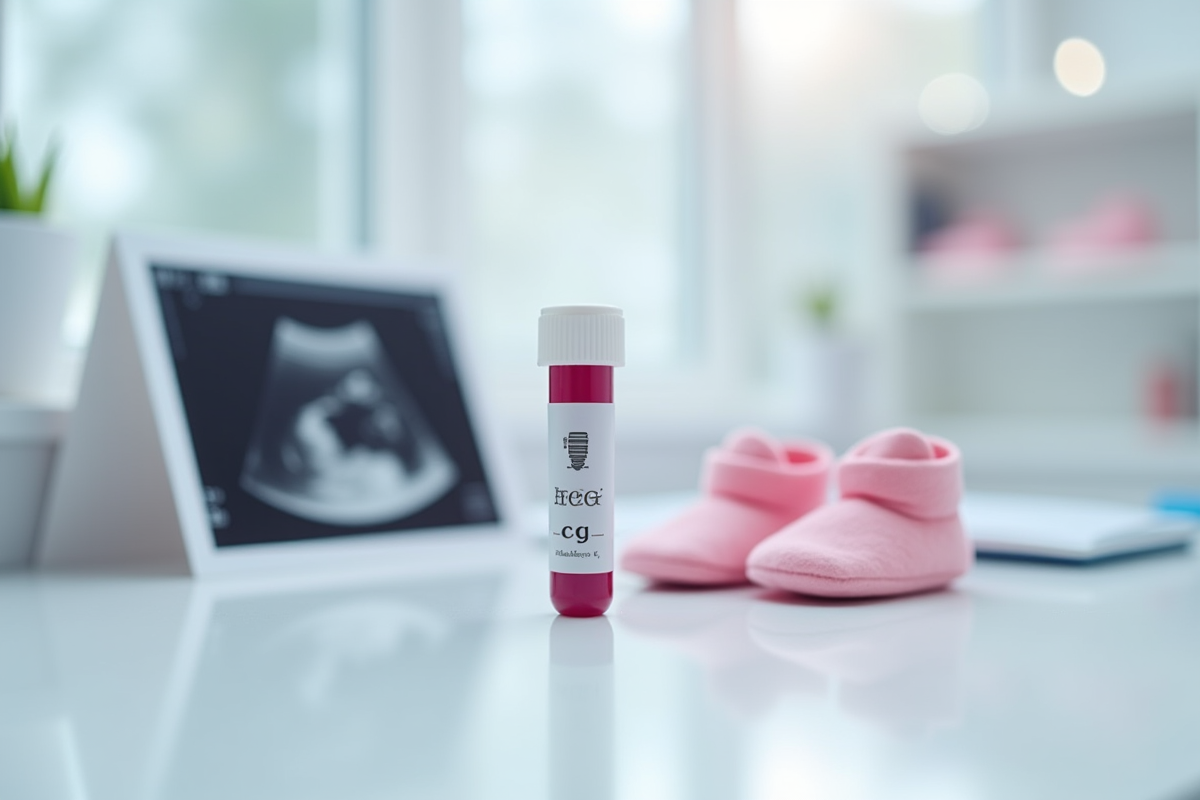 Tube à essai hcg avec échographies et chaussons bébé sur un plan blanc