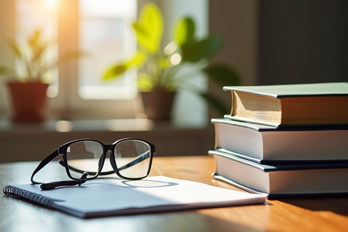 Piles de livres médicaux et DSM5 sur un bureau lumineux