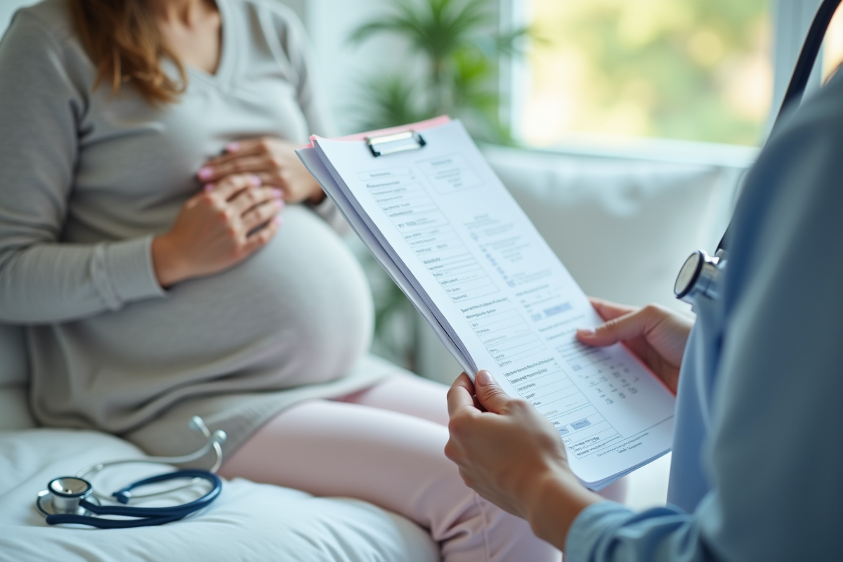 Main tenant un rapport prénatal avec stéthoscope et objets bébé