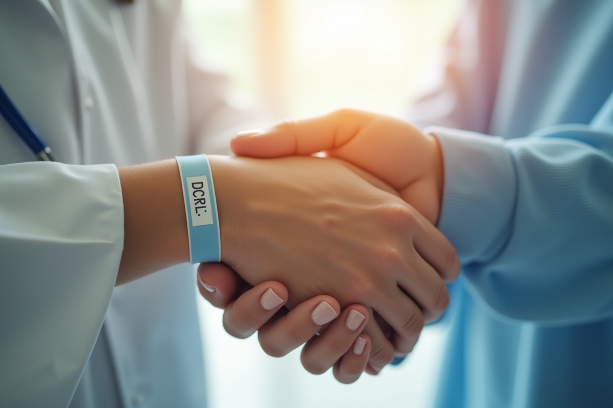 Mains qui se tiennent avec bracelet hospitalier pour symboliser le soutien