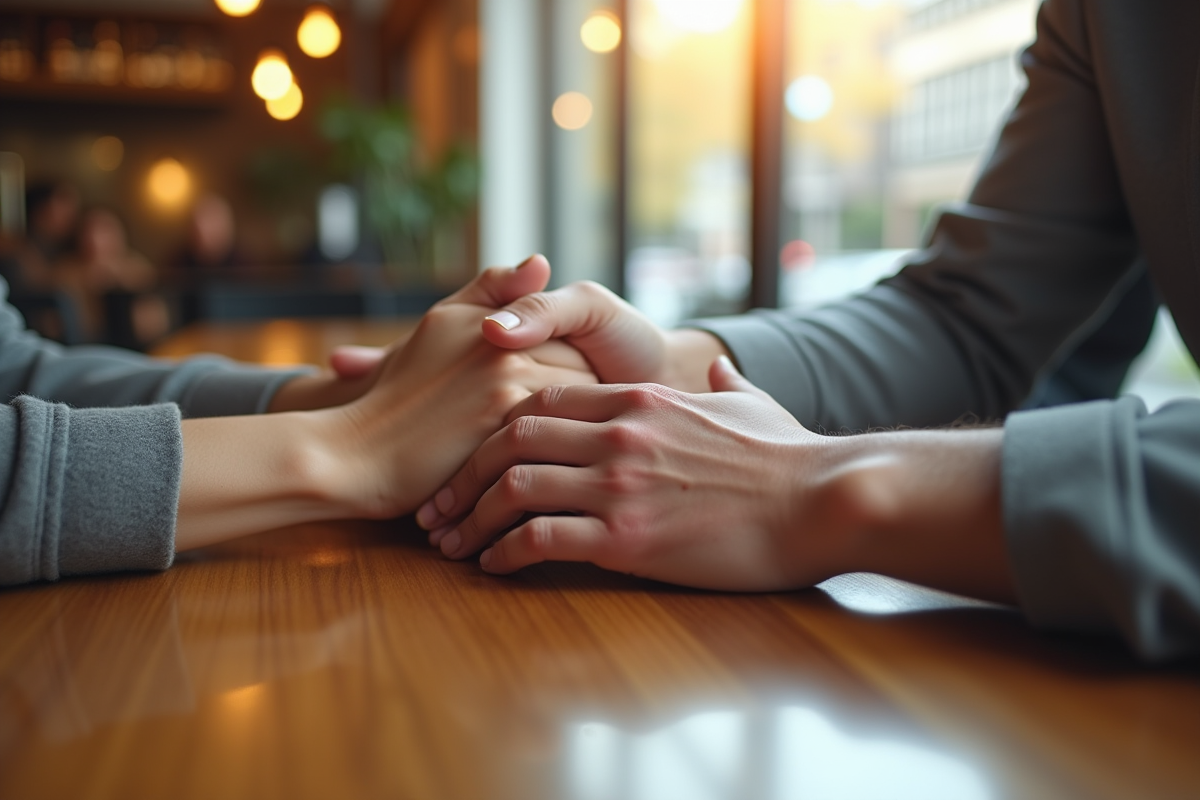 Deux mains se tenant sur une table de café en soutien discret