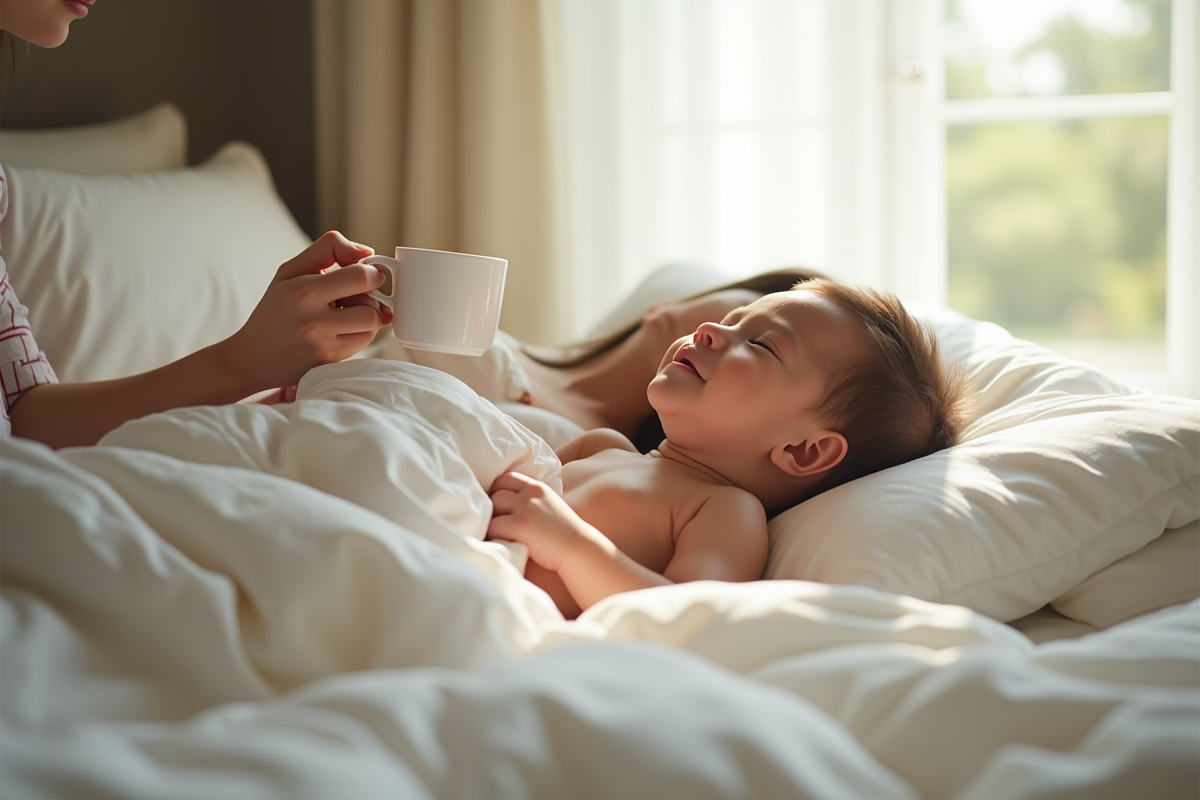 Maman et bébé dans un lit lumineux et apaisant