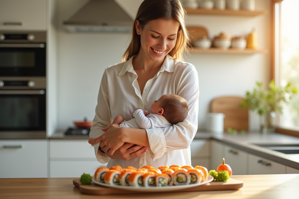Maman souriante avec bébé dans une cuisine lumineuse et moderne