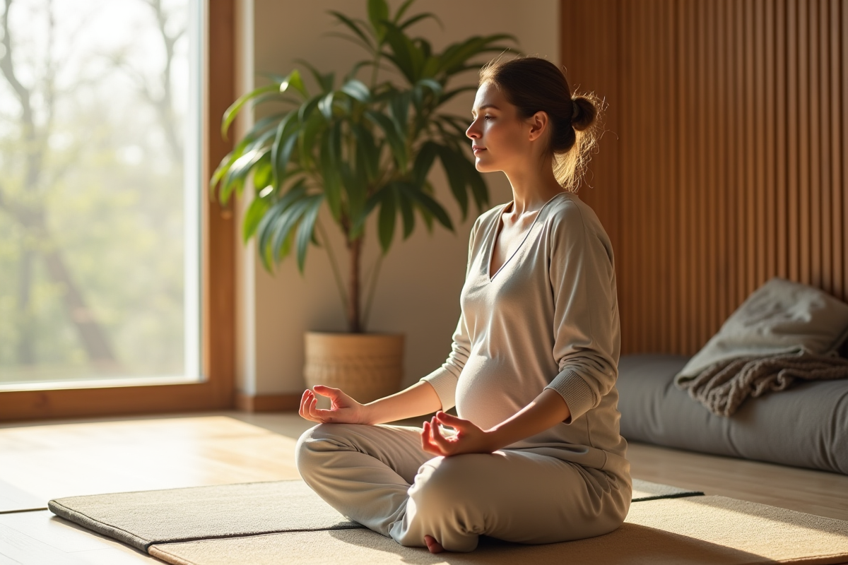 Jeune maman méditant dans un coin lumineux de la maison