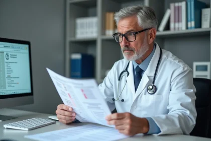 Médecin analysant les résultats d'un bilan hépatique avec les valeurs ALAT SGPT sur une feuille d'analyse médicale
