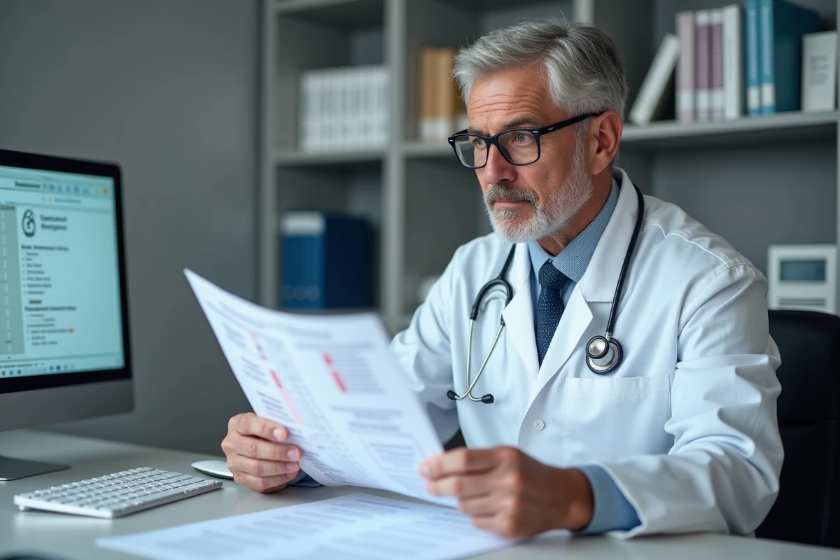Médecin analysant les résultats d'un bilan hépatique avec les valeurs ALAT SGPT sur une feuille d'analyse médicale