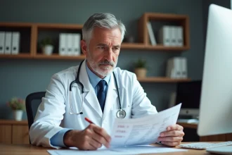 Médecin analysant les résultats d'un bilan sanguin CDT dans un cabinet médical