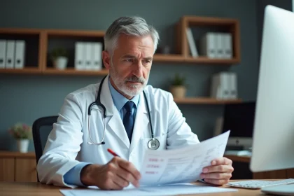 Médecin analysant les résultats d'un bilan sanguin CDT dans un cabinet médical
