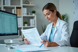Médecin femme analysant des résultats sérologiques IgG anti-VCA et anti-EBNA positifs dans un cabinet médical