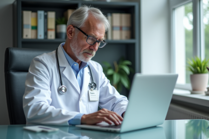M&eacute;decin en blouse blanche utilisant un ordinateur s&eacute;curis&eacute;