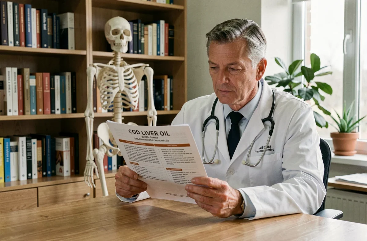 Médecin en blouse blanche examinant une fiche nutritionnelle sur les bienfaits et contre-indications du foie de morue dans son cabinet