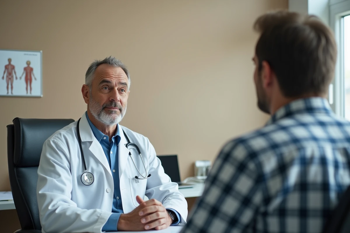 Médecin en consultation avec un patient adulte pour évaluer des causes médicales de flatulences malodorantes