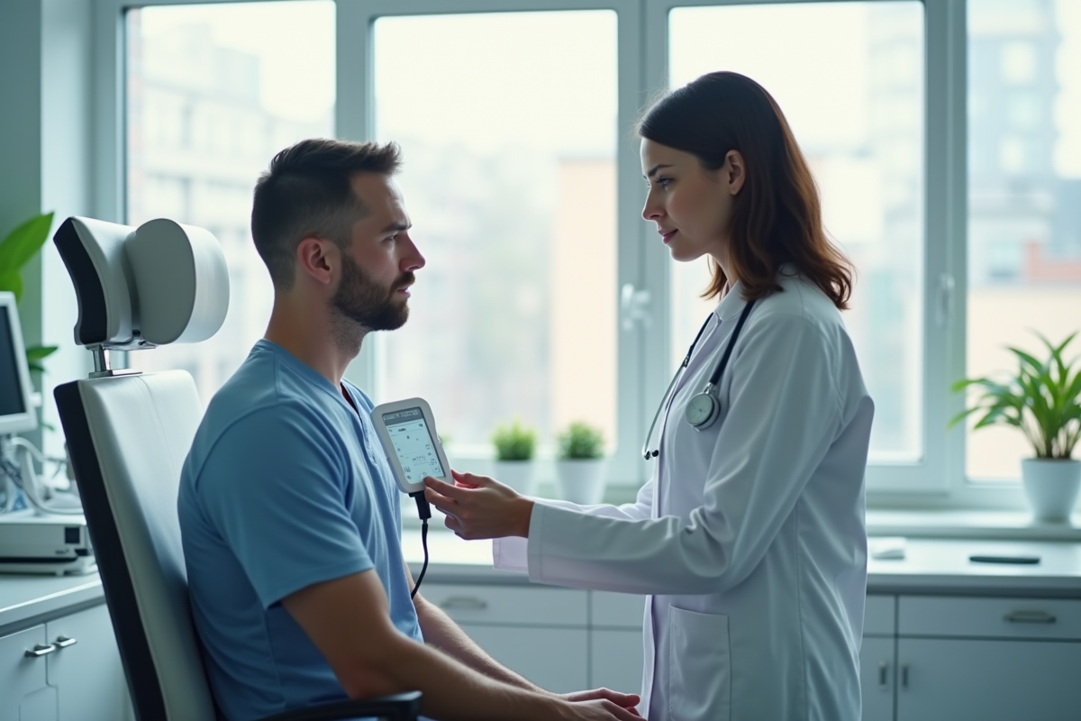 Dermatologue mesurant la pression d'un patient dans une clinique lumineuse