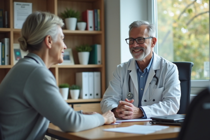 Medecin souriant écoute patient agee dans un cabinet