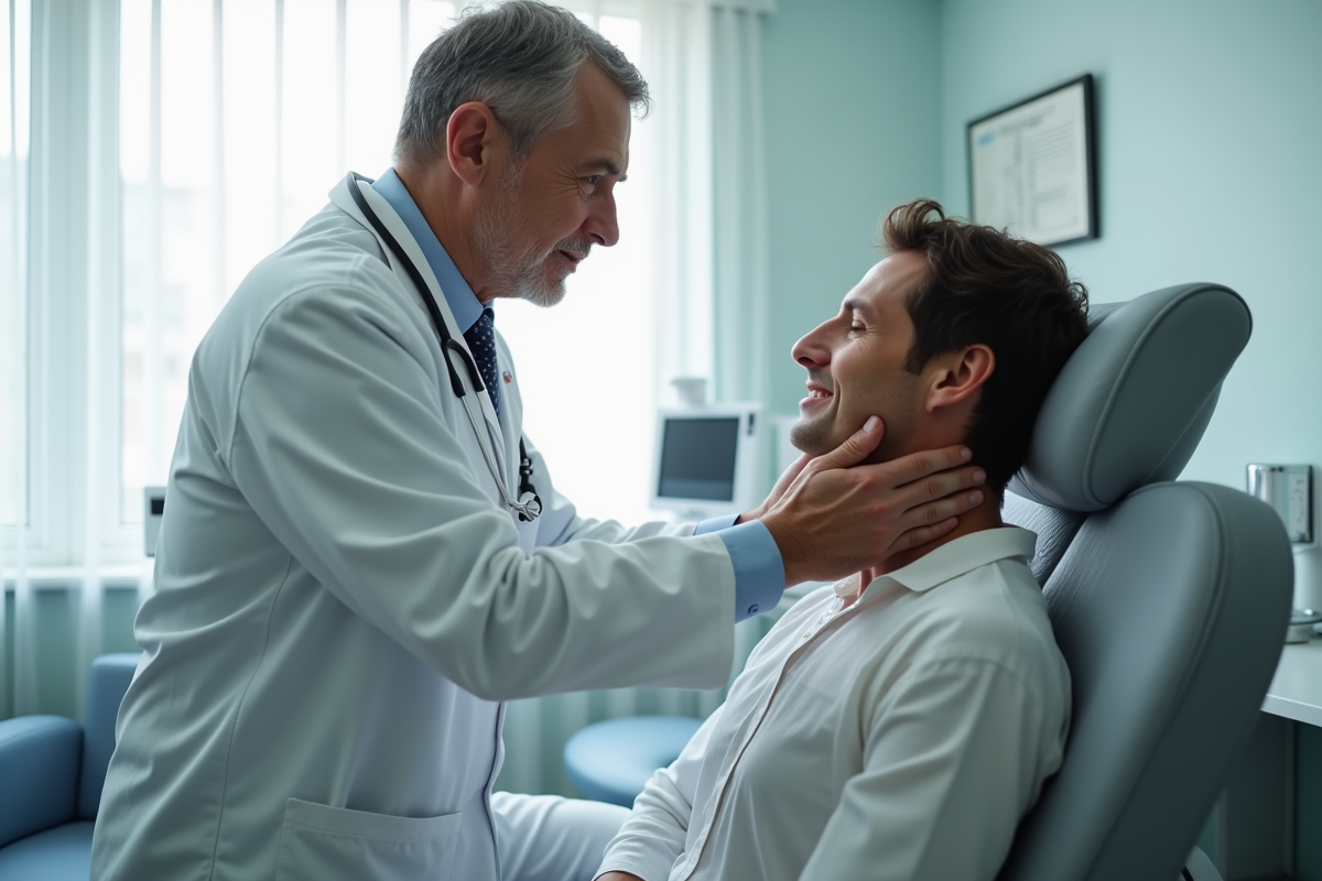Endocrinologue examinant le cou d'un patient dans un cabinet moderne