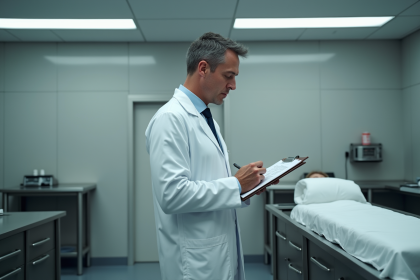 Médecin examinateur en blouse blanche dans une salle de pathologie