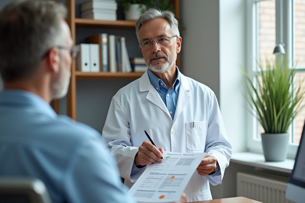 Médecin généraliste expliquant les valeurs normales du taux de Gamma GT à un patient en cabinet