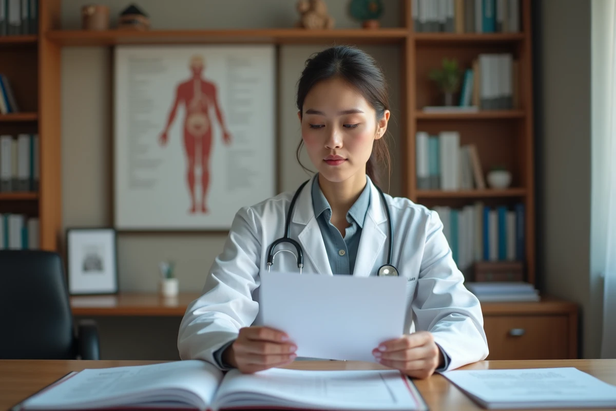 M&eacute;decin femme analysant un dossier m&eacute;dical dans son bureau