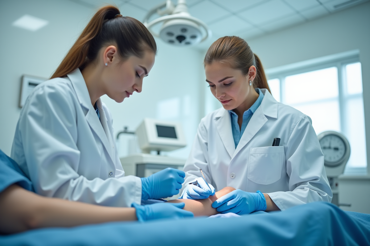 Médecin femme en blouse blanche effectuant une procédure médicale
