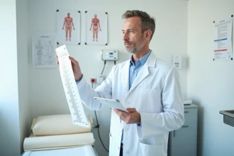 Médecin de petite taille en blouse blanche examinant une courbe de croissance dans un cabinet médical moderne