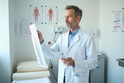 Médecin de petite taille en blouse blanche examinant une courbe de croissance dans un cabinet médical moderne