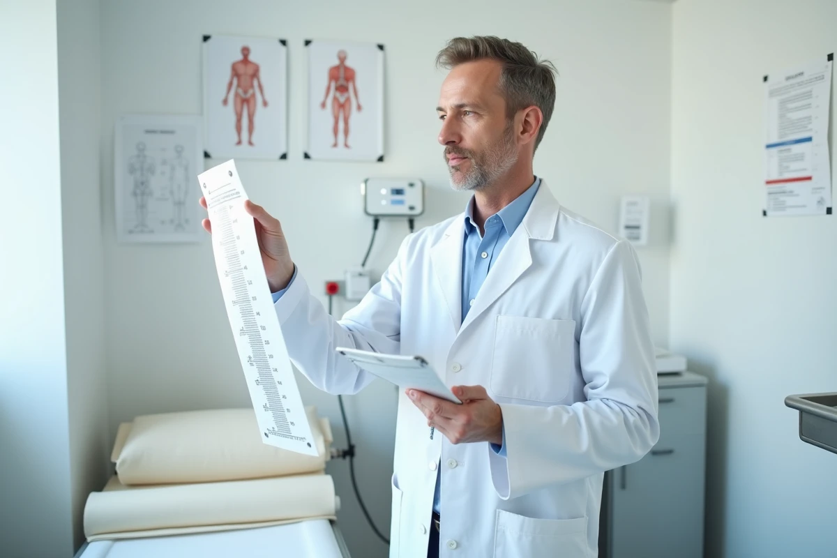 Médecin de petite taille en blouse blanche examinant une courbe de croissance dans un cabinet médical moderne