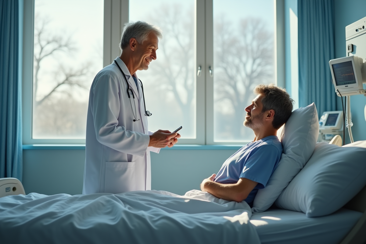 Medecin rassurant un patient dans une salle d'hôpital moderne