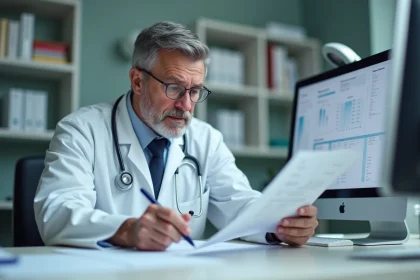 Médecin examinant des résultats d'analyses biologiques montrant une transaminase SGOT élevée après Covid