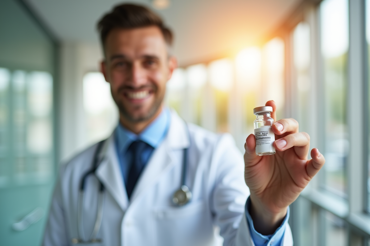 Médecin souriant tenant un vaccin dans une clinique lumineuse