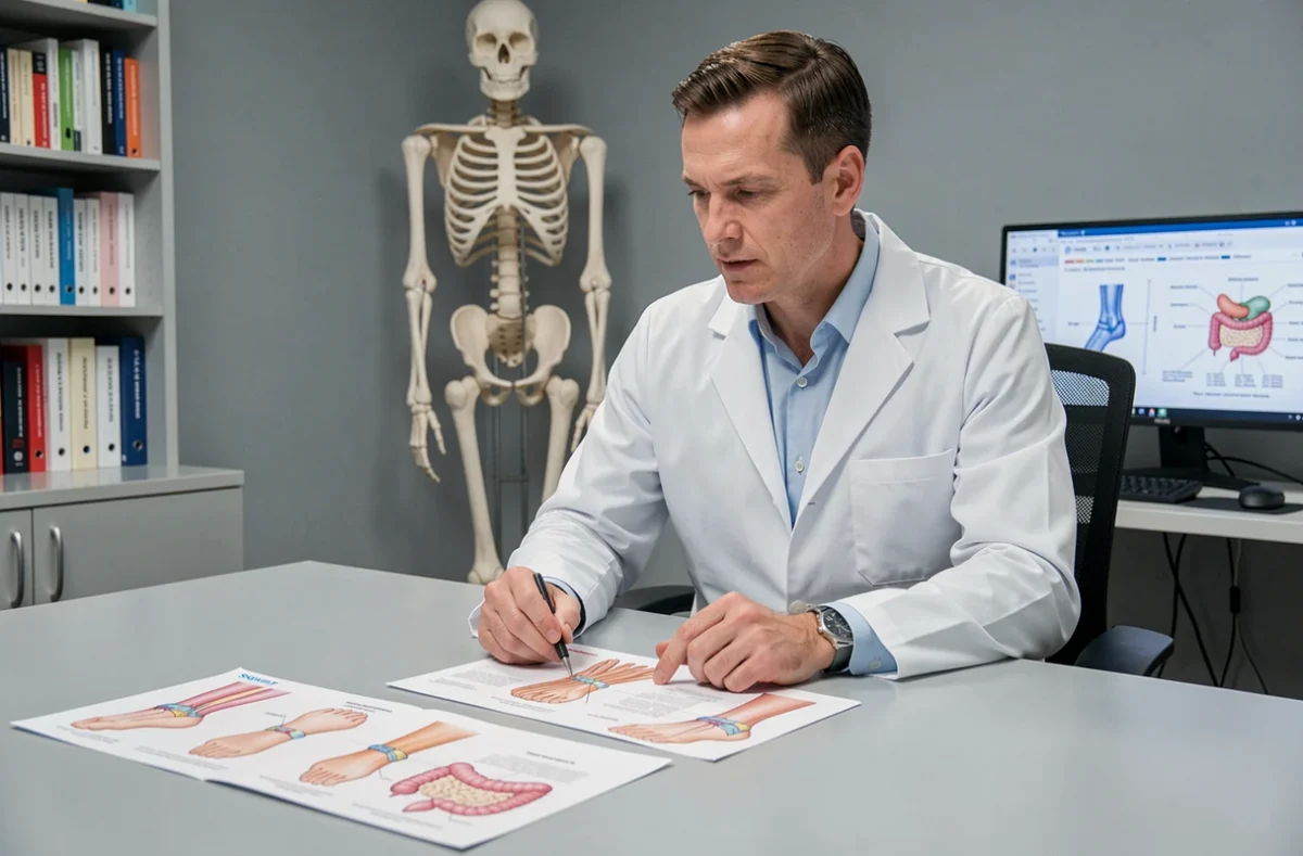 Médecin du sport examinant des schémas anatomiques du pied et des organes internes lors d'une consultation médicale