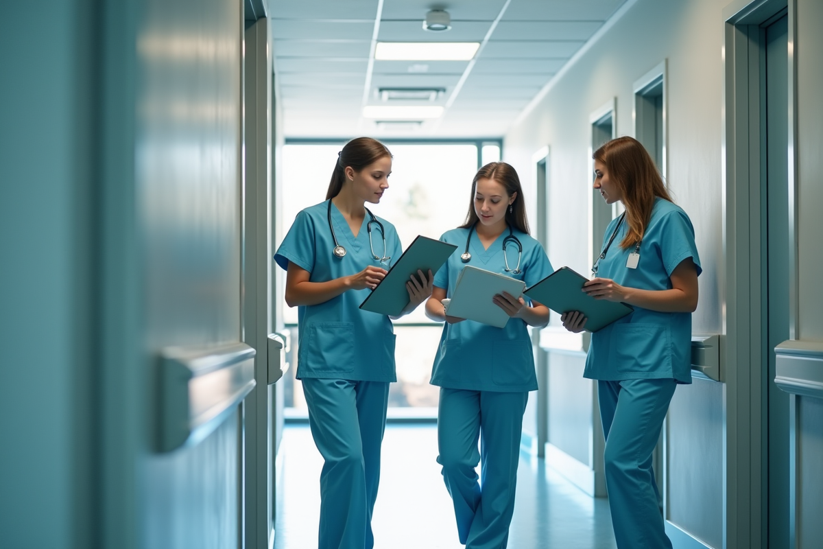 Médecins collaborant dans un couloir d