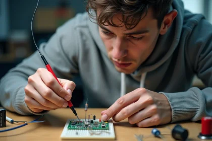 Étudiant en électronique mesurant la tension aux bornes d'un dipôle avec des sondes sur une plaque d'essai en laboratoire