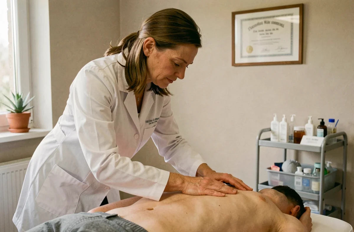 Mme Guidi, ostéopathe dans la Vienne, effectuant une technique sacrée sur un patient en décubitus ventral