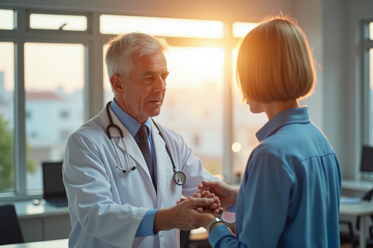 Neurologue examinant doucement le bras d'un patient dans un cabinet lumineux