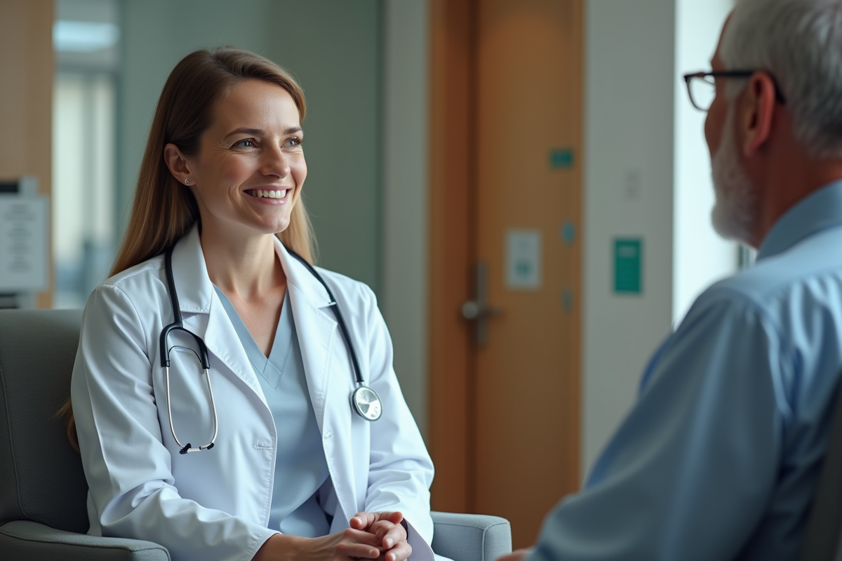 Médecin oncologue femme rassure patient homme en consultation