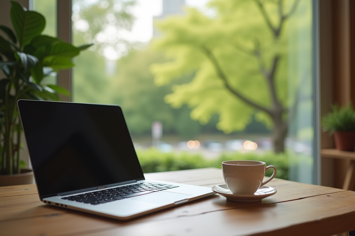 Ordinateur portable sur un bureau avec vue sur un parc vert