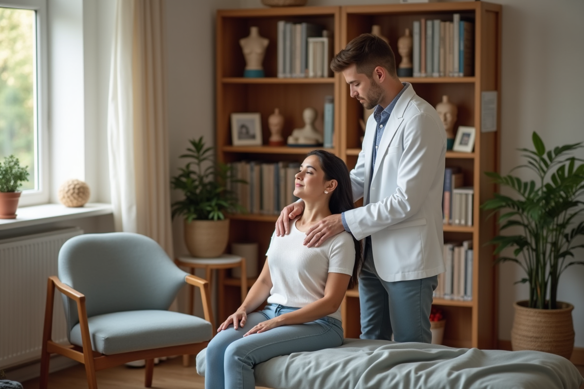 Jeune ostéopathe effectuant un bilan vertébral à une femme