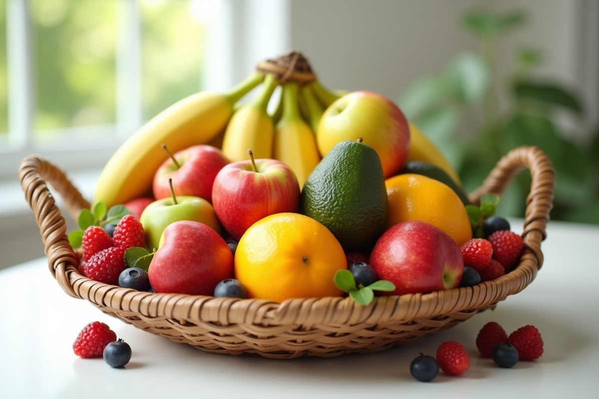 Panier de fruits colorés sur une table blanche en lumière douce