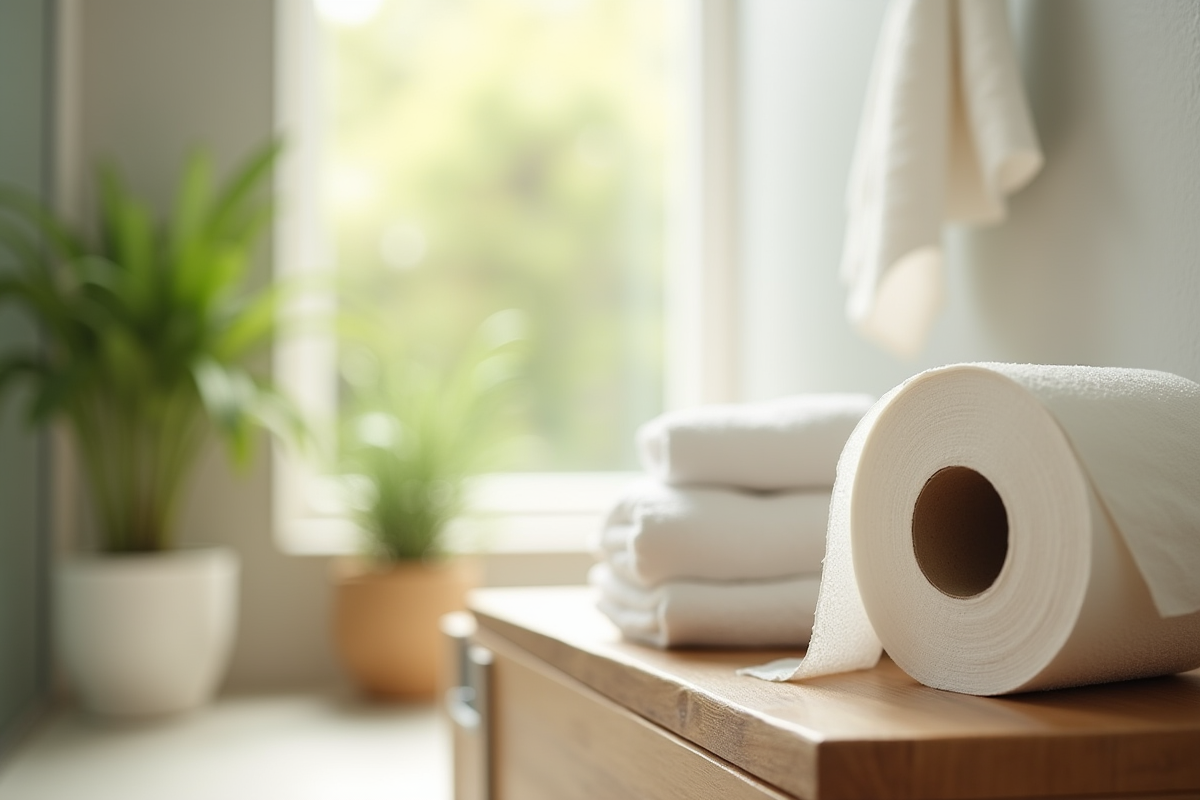 Rouleaux de papier toilette dans une salle de bain lumineuse avec plantes