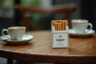 Paquet de cigarettes légères posé sur une table de café parisien avec un cendrier et une tasse d'espresso
