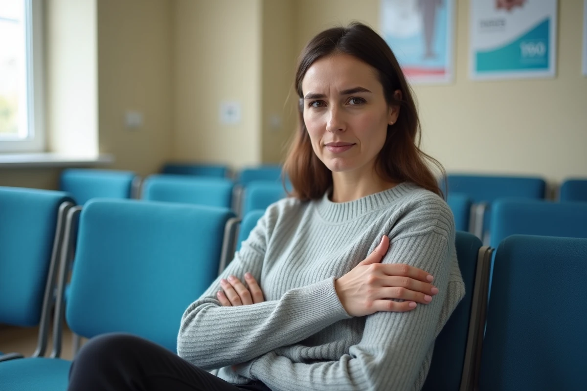Femme tenant son aisselle gauche douloureuse dans une salle d'attente médicale