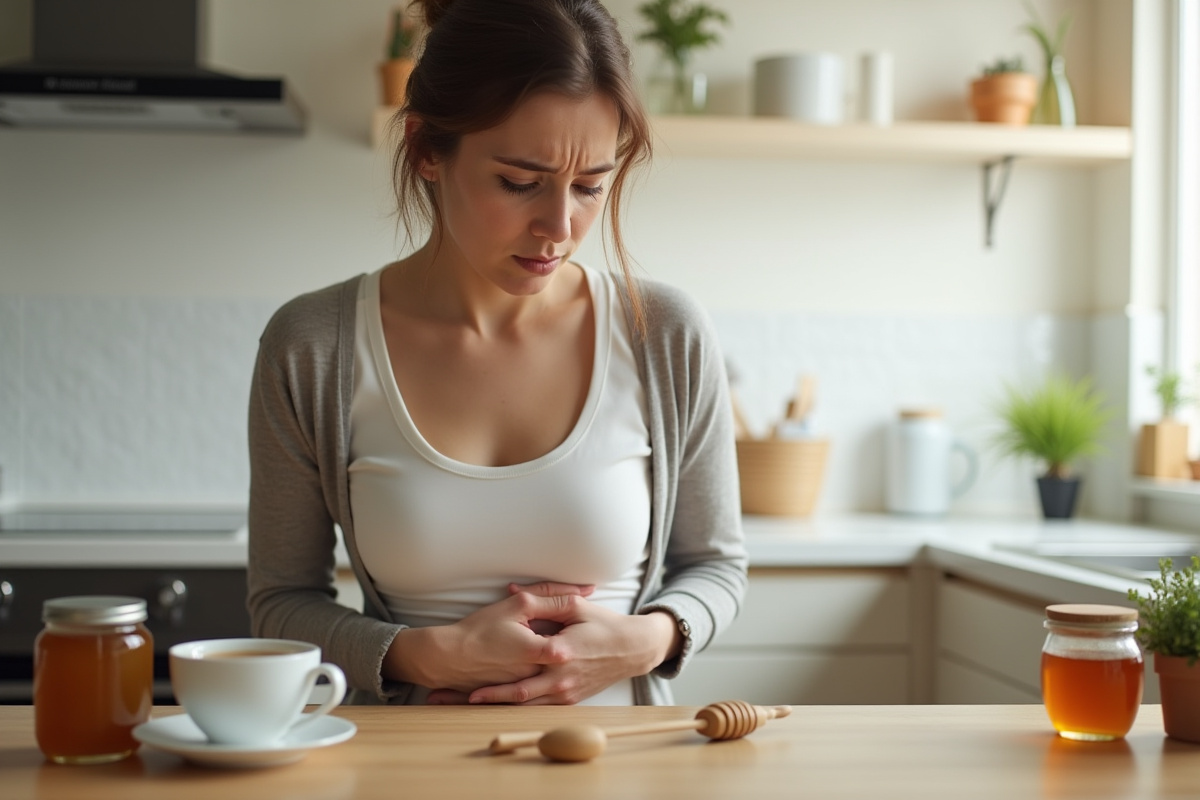 Personne tenant son ventre avec tasse de tisane et miel en arrière-plan
